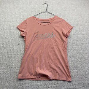 Y2K Guess Women's Barbie Pink Rhinestone Script Logo T-Shirt Size XL Retro